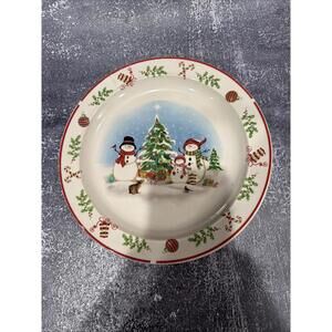 Holiday Dinner Plate 10.5” Snowman Family W/ Christmas Tree - Candy Cane Holly *